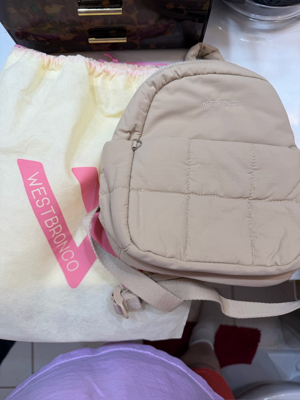 Beige Quilted Mini Backpack - Padded Everyday Pack